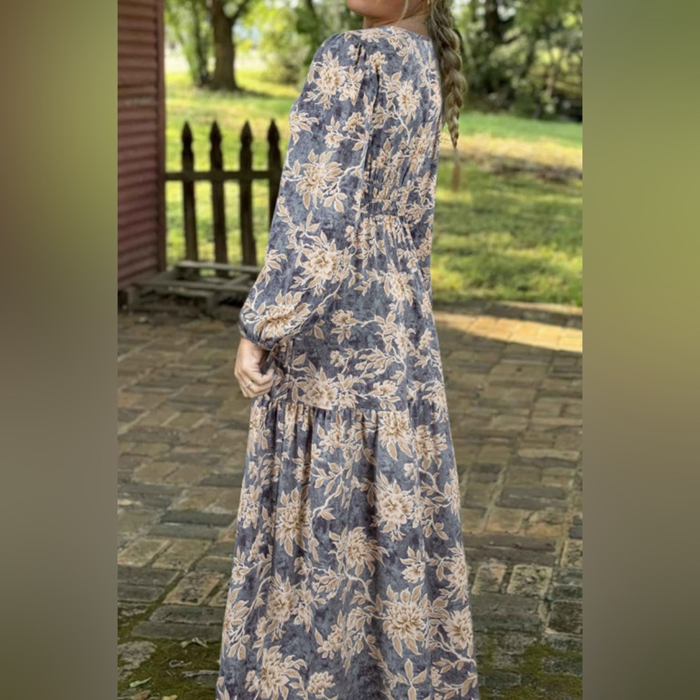 Floral Smocked Waist Long Sleeve Maxi Dress | Somerset-Style Fit | Blue & Cream - Picture 2 of 10